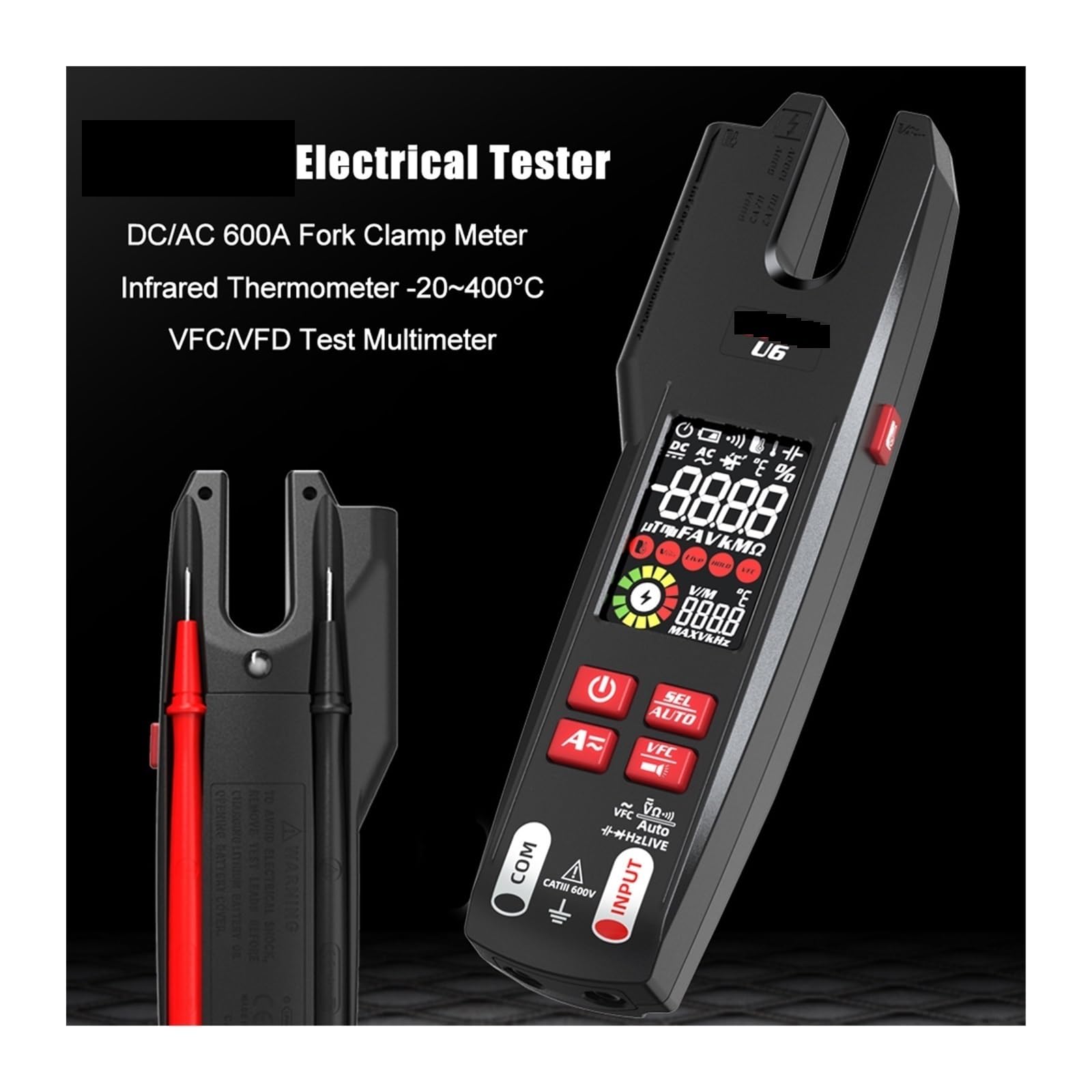 Pinza amperimétrica digital, Medidor De Pinza Digital Profesional U6 Horquilla 600A Amperímetro Alica T-RMS DC AC Corriente Abierta Mandíbula Eléctrica Ter Auto Multímetro