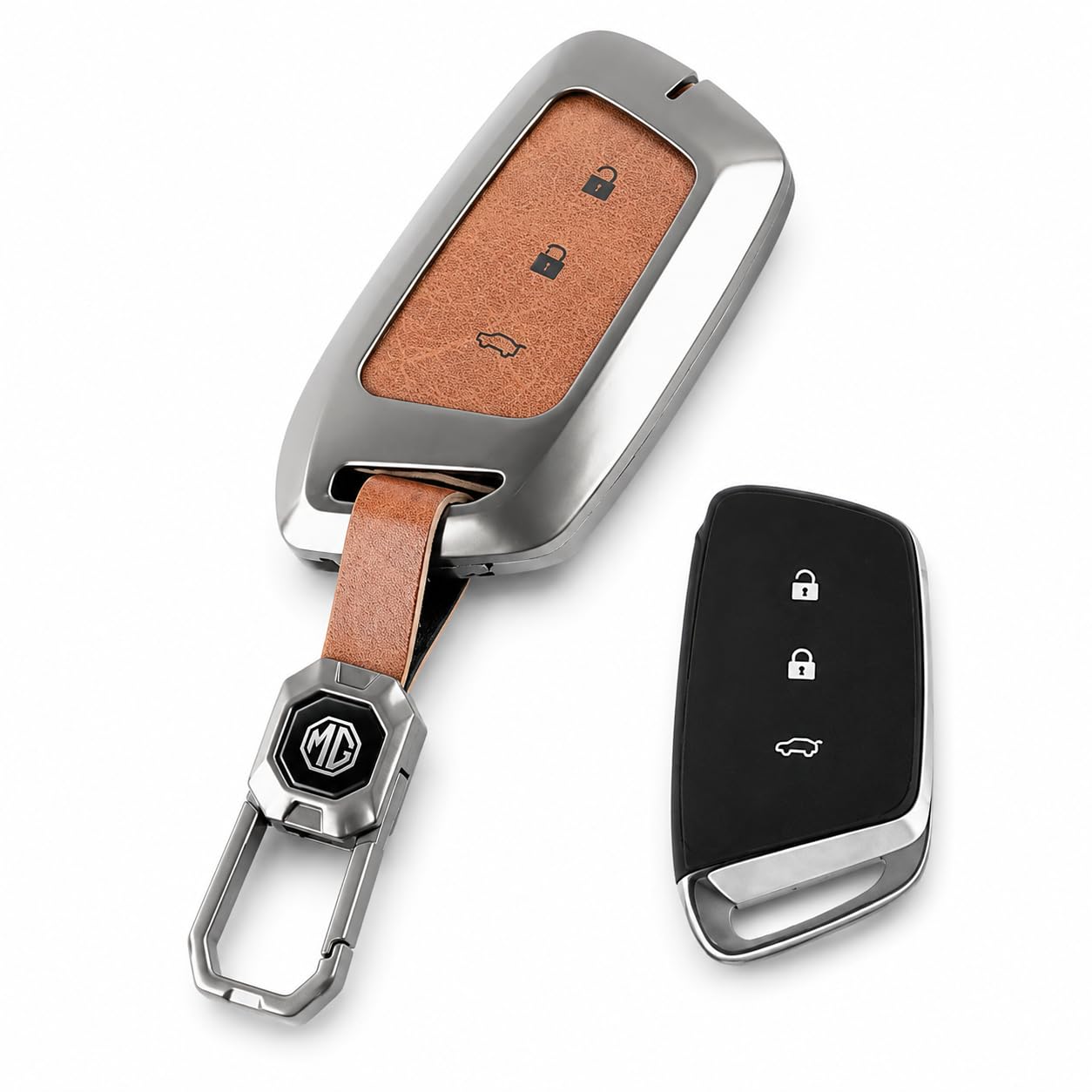 arham enterprise 5-layer zinc alloy leather key cover for mg hector | windsor ev | astor | gloster 3 button smart key | 360° protection | signal friendly (silver brown)