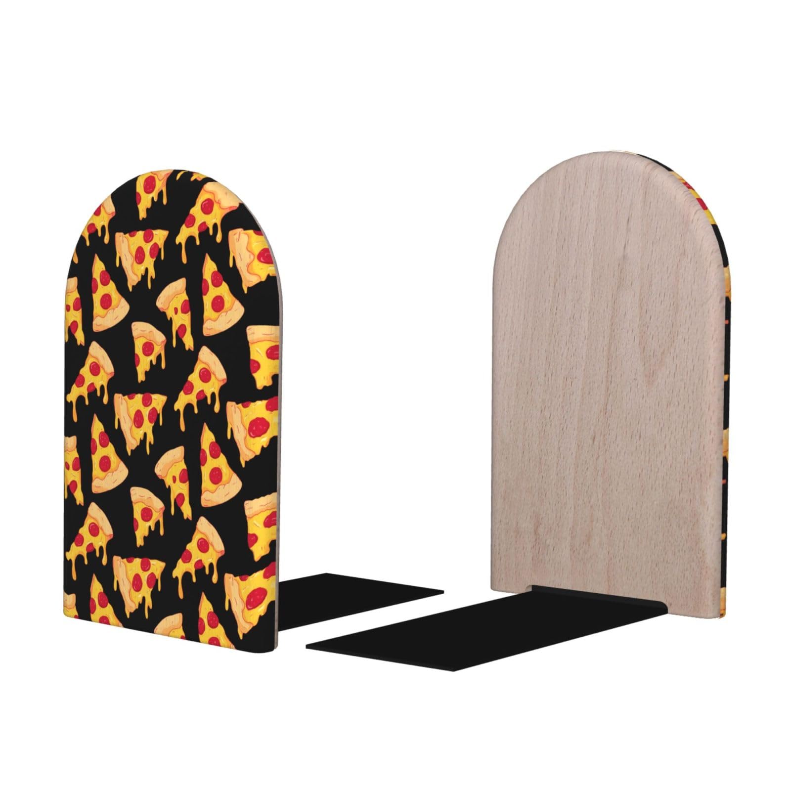 Cartoon Sausage Pizza Print BookEnds 1 Pair, Decorative Bookends for Heavy Books, Wood Book Ends for Shelves, Book Organizer for Home Desk Office Supplies