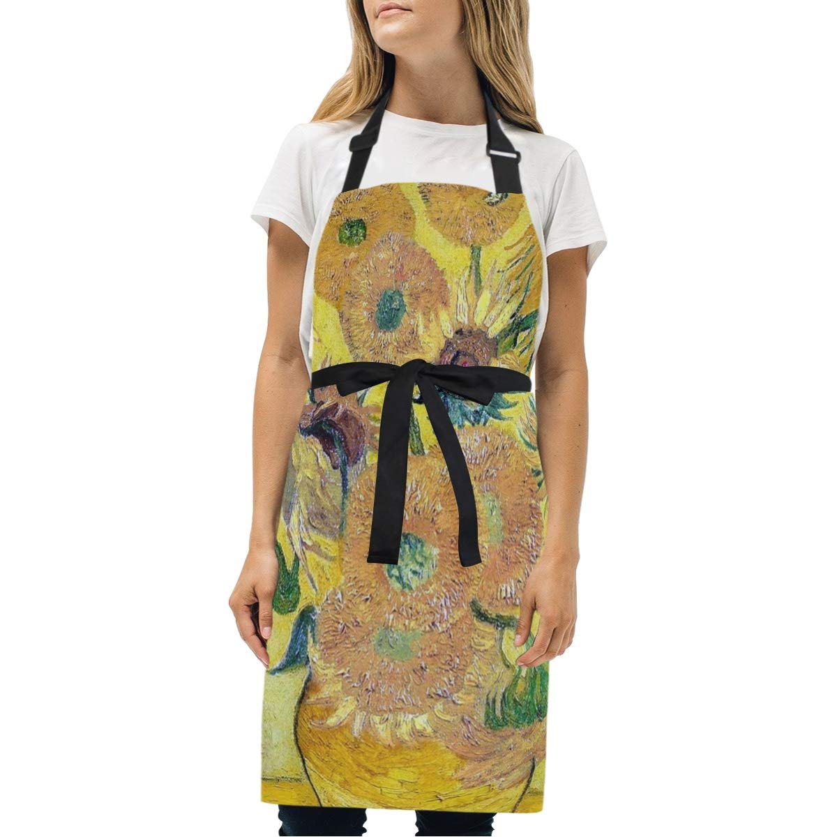 Van Gogh Sunflower Apron for Women Chef Cooking Baking Clothes Adjustable Neck Strap Bib Aprons with 2 Pockets for Waiter Waitress