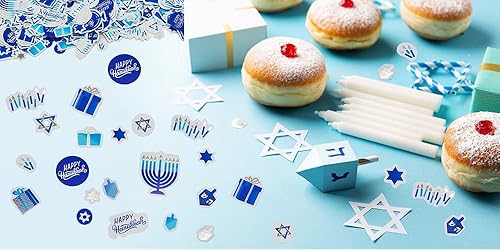 Miniatura 3 de 1200 piezas de confeti de papel de Hanukkah, confeti de mesa de Hanukkah, Januka, Menorá festivo, regalo Dreidel y diseños de la estrella de David