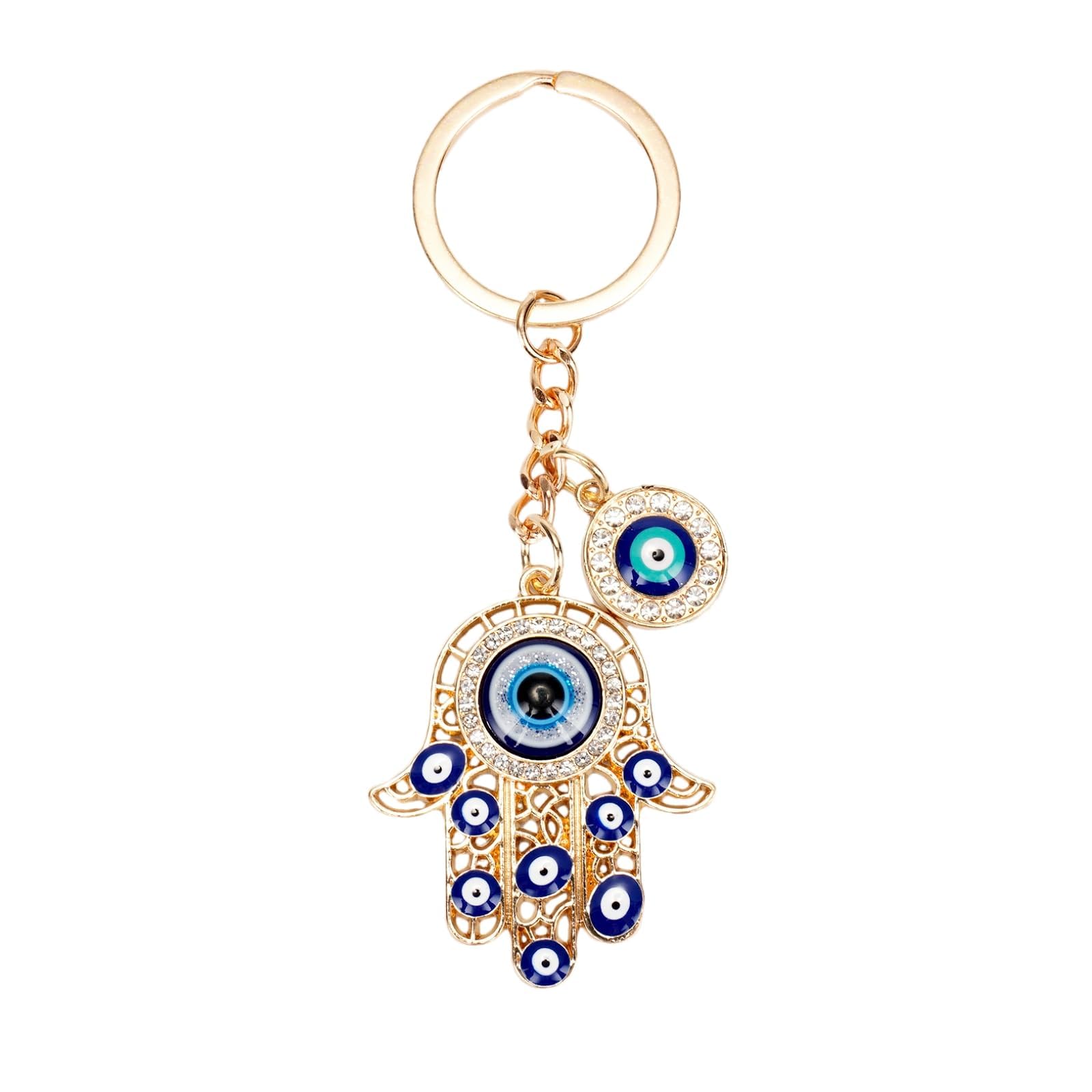 Amzuia 2 Pcs Evil Eye Keychain Ring,Crystal Evil Eye Backpack Pendant for Girls, Gold Sparkling Alloy Lucky Charm Keychain(Gold + Silver)