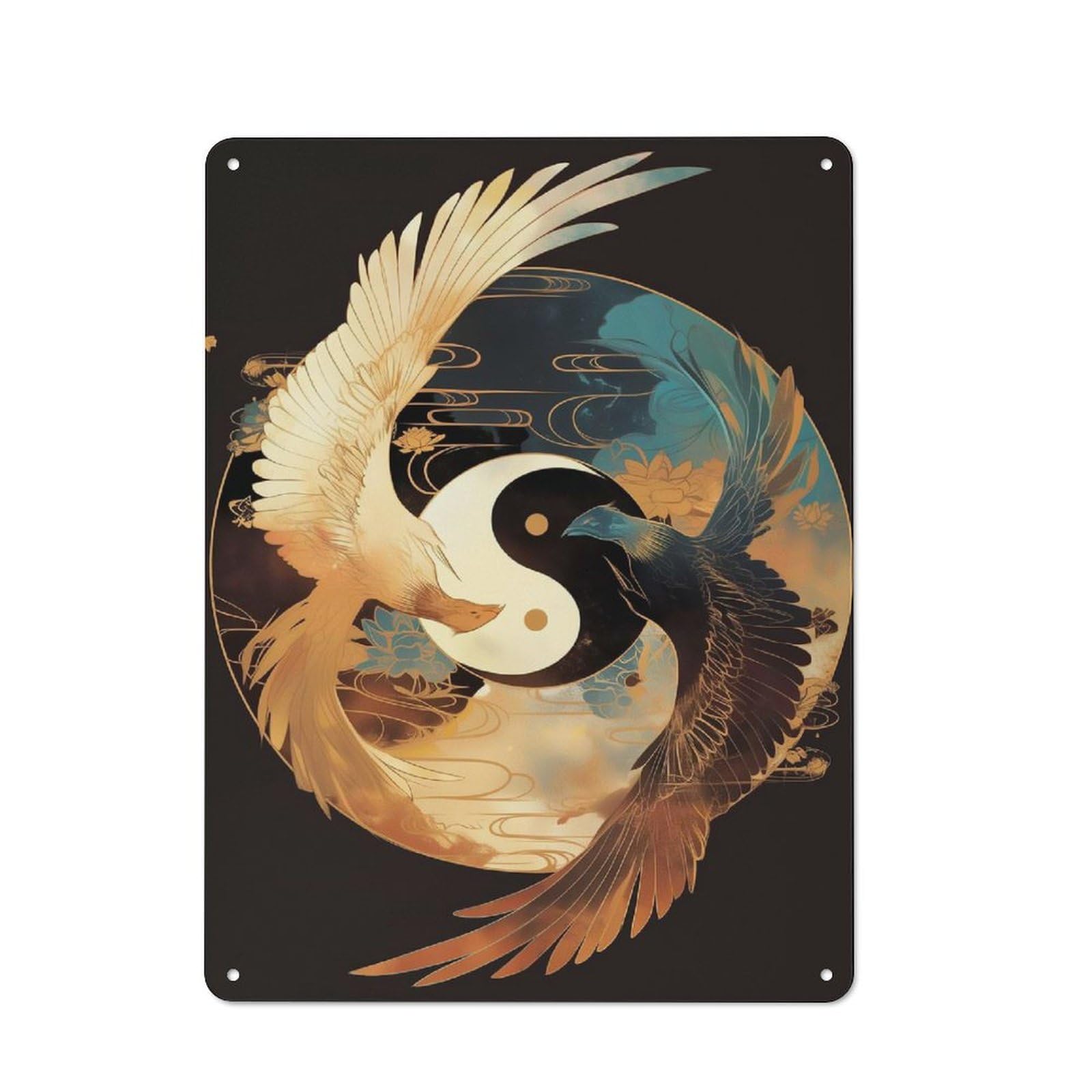 Yin Yang Birds Cottage Style Metal Wall Decor 40x30cm, Tin Wall Plaque for Kitchen, Cottage, Porch Or Garden Room