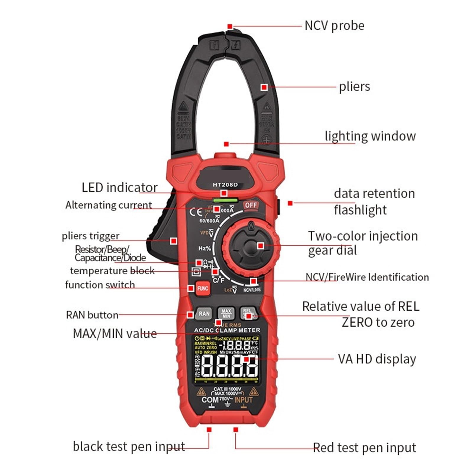 Pinza amperimétrica digital HT208 206 Pro, 1000 A, 1000 V CA, pinza amperimétrica de verdadero valor eficaz, amperímetro, voltímetro, VFD, REL, ohmios(HT206A 600A Basic)