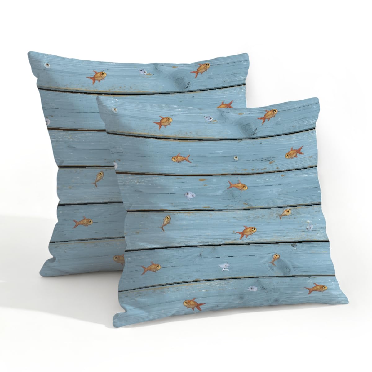 Outdoor Pillow Covers Waterproof Pillowcases 20x20in Set of 2 Small Fish On Blue Wooden Planks Decorative Throw Cushion Case for Couch Sofa Garden Patio Furniture