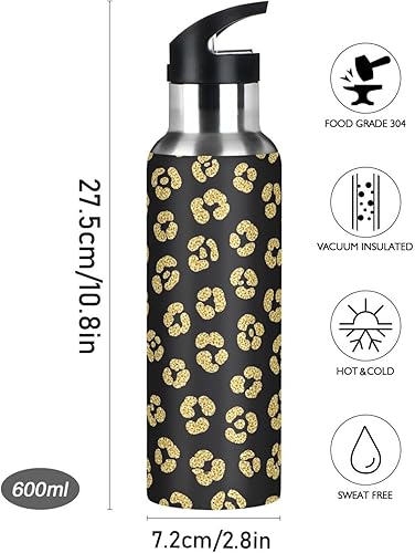 Miniatura 9 de Gold Leopard Spots - Botella de agua de acero inoxidable negro de 20 onzas, botella de agua deportiva sin BPA con popote a prueba de fugas