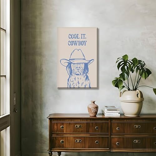 Miniatura 7 de Cool it Cowboy - Lienzo impreso divertido para baño, arte retro de perro occidental, póster de perro occidental, moderno, azul, minimalista,