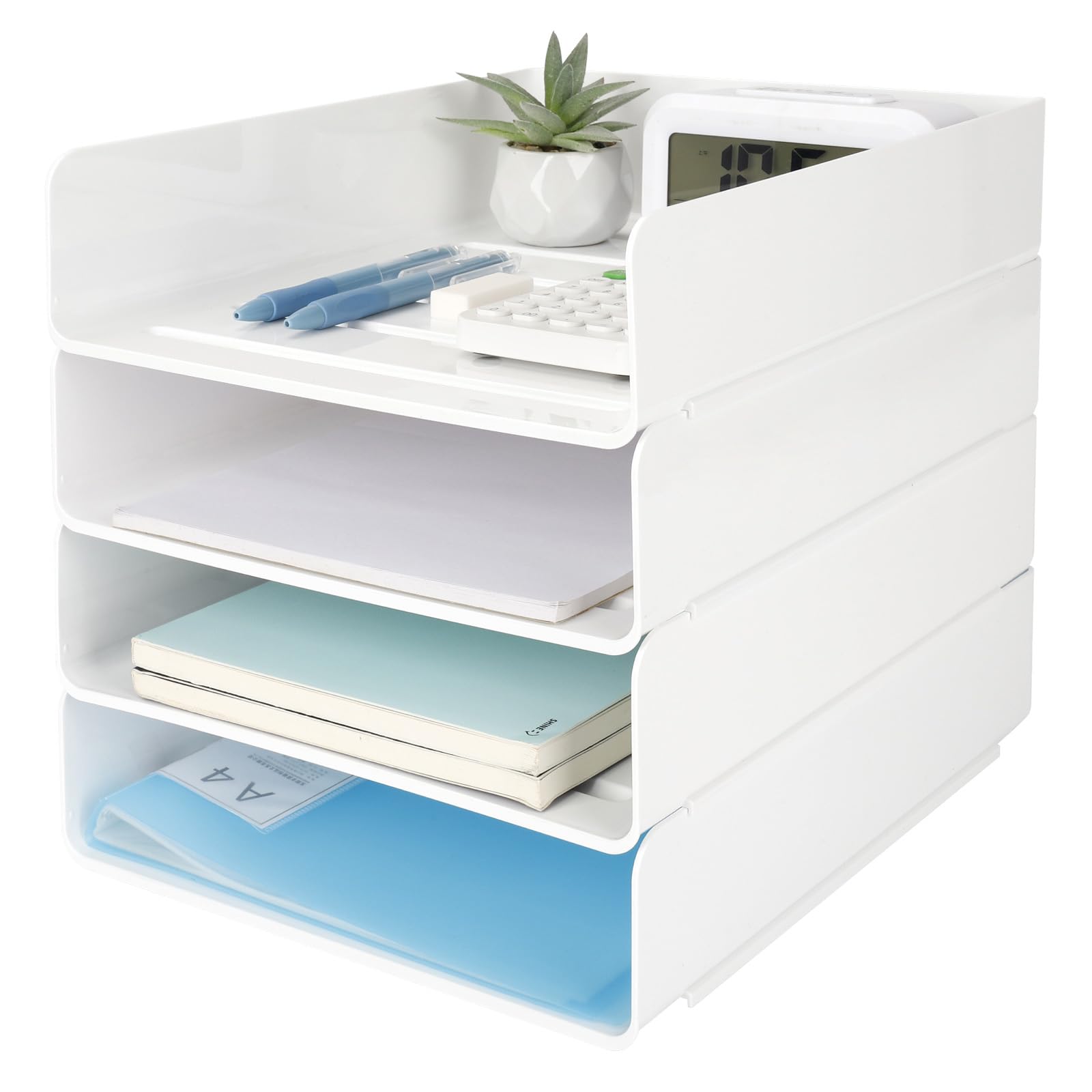 4 Bandejas Oficina Apilables, Blanca Plastico Pet Organizador Escritorio, Bandeja Escritorio, Bandeja Portadocumentos A4, Organizador para Papeles, Documentos, Folios, Material Oficina