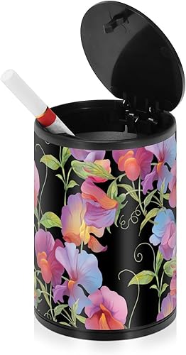 ALAZA Sweet Pea Flower Floral Car Ashtray with Lid Metal Ashtray Smell Proof Mini Trash Can