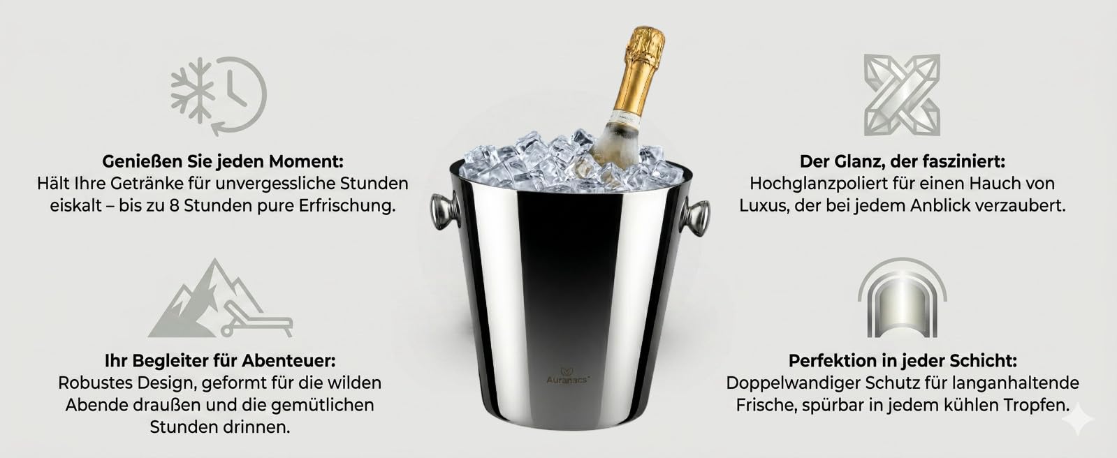 Milano | Doppelwandig isolierter Sektkühler | Champagnerkühler Edelstahl | Spiegelpoliert, 4,5L, Ø22cm, mit Griffen | Weinkühler für Champagner, Partys & Gastronomie