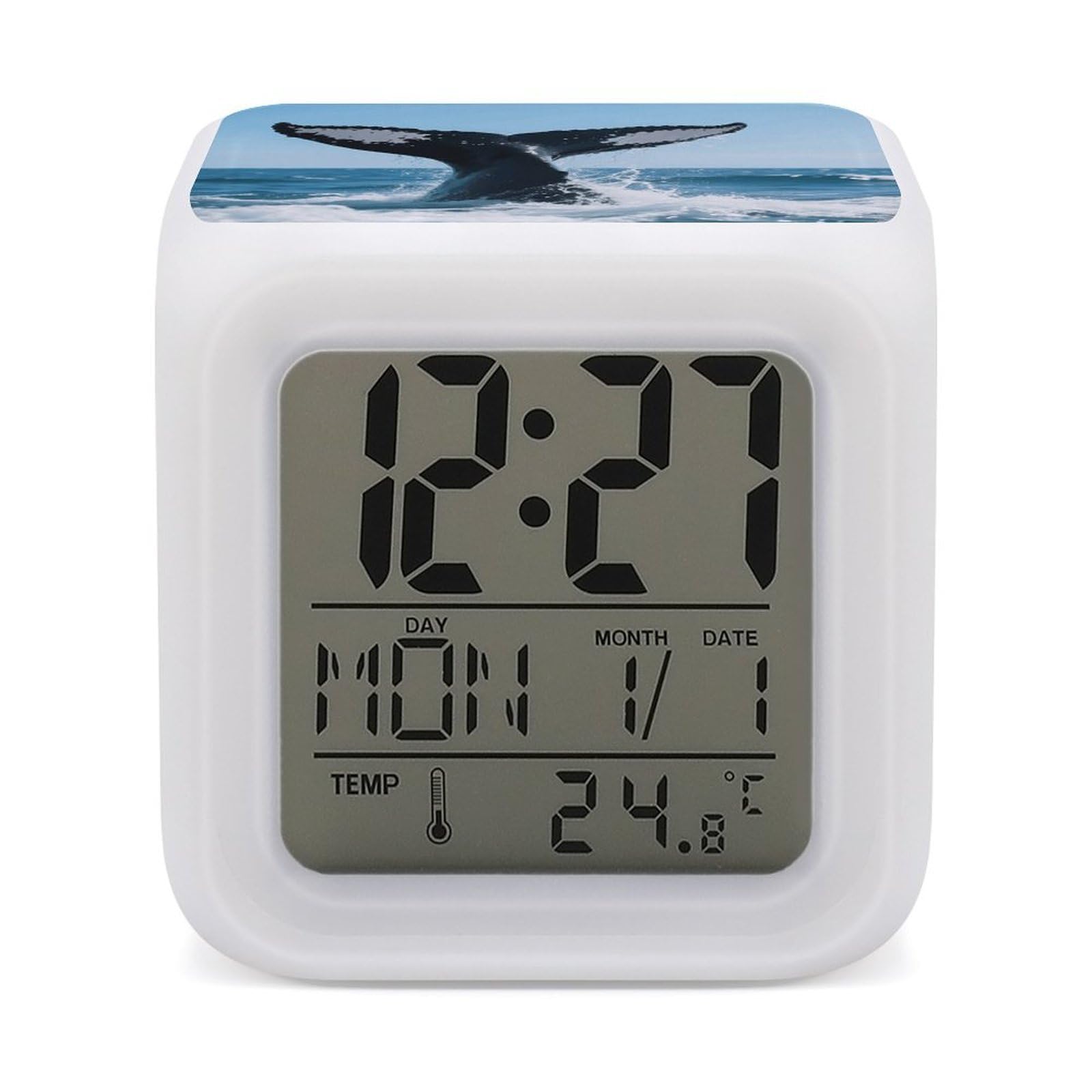 FodPand 7 Color Ambient Night Light Cube Battery Operated Whale Tail Digital Clock with Snooze Temperature LED Digital Alarm Clocks Dimmable Wake Up Light Portable Mood Lamp for Bedroom Desk Gift
