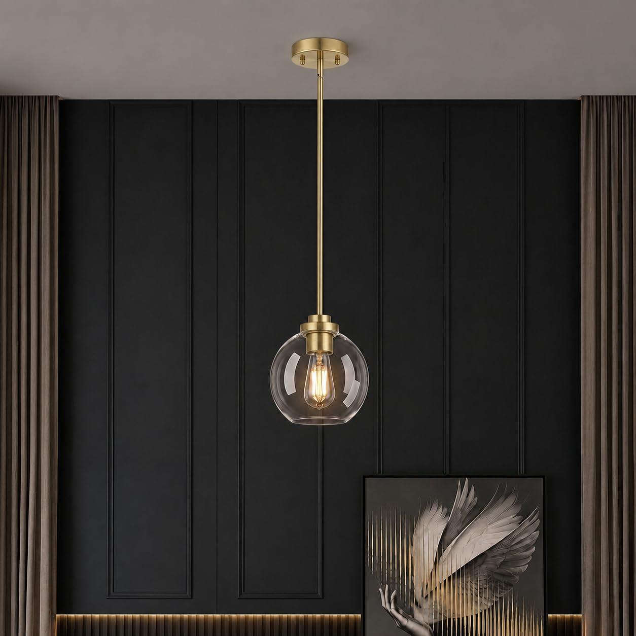 1 Pack Gold Globe Pendant Lights, Mid Century Gold Pendant Light Fixtures, Globe Pendant Lights Kitchen Island with Clear Glass Shade Adjustable Hanging Fixture for Dining Room (Bulbs not Included)