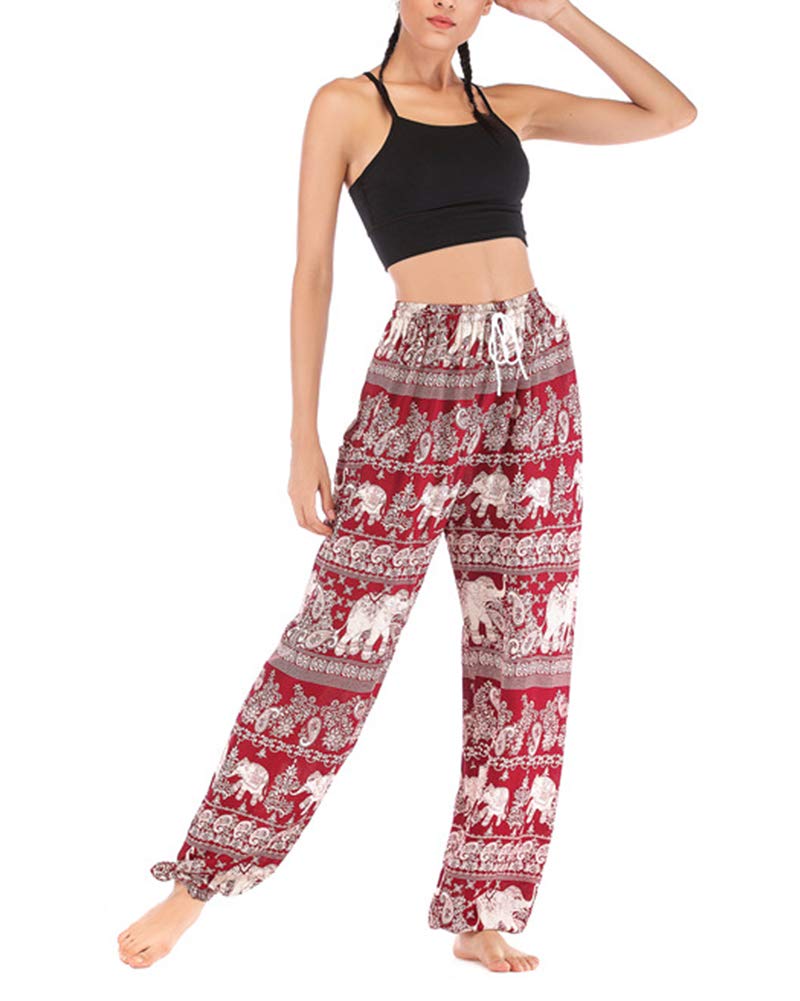 HONGBI Women's Elephant Yoga Harem Pants Aladin Pants Baggy Thai Fisherman Bohemian Pants Hippie High Waist Trousers Boho Bloomers with Pocket Red One Size