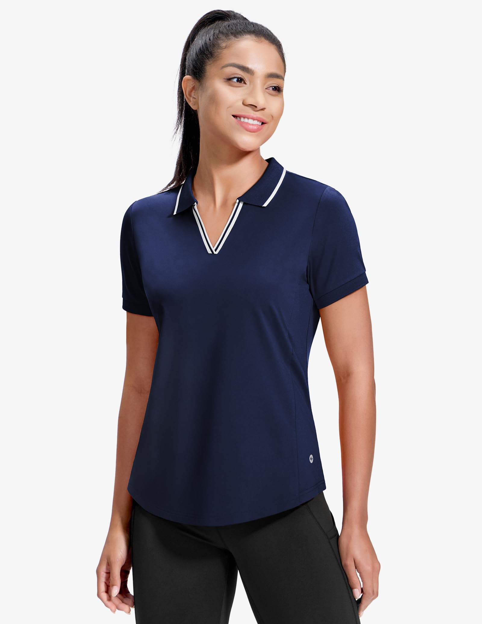 MIER Polo à col en V pour femme à manches courtes UPF 50+ Protection solaire pour golf, tennis, col extensible, coupe sèche