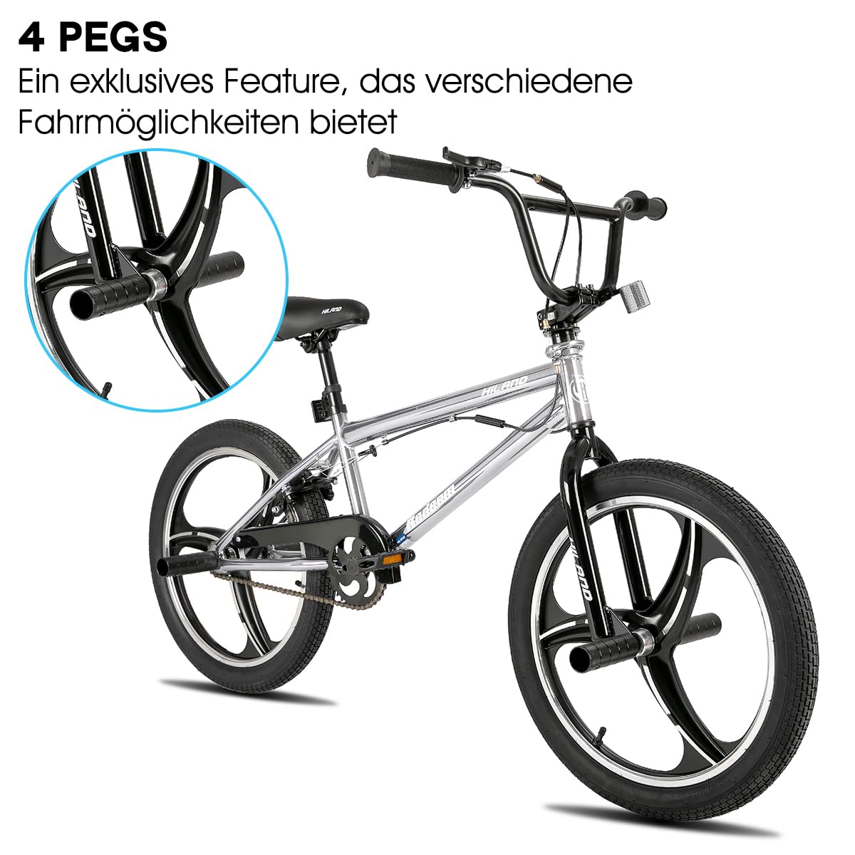 HILAND BMX Bicicletta per bambini da 20 pollici,3 razze, Per bambini e bambine di 7 anni e più，rotore a 361 gradi, freestyle,pedane single speed per bambini,Argenteo