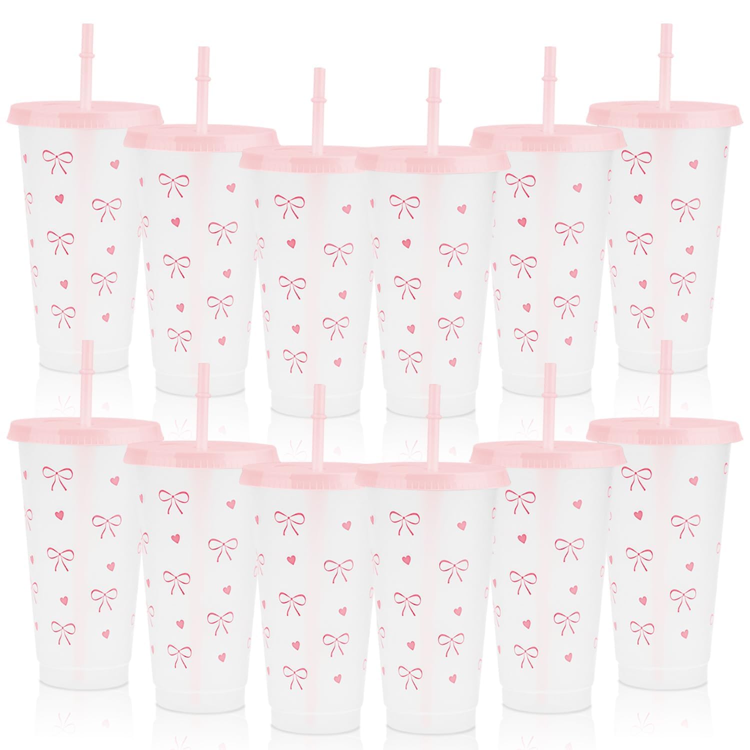 ktxaby 12Pcs 24oz Pink Bow Plastic Cups with Straw and Lid, 710ml Reusable Tumbler Cup Bow Tie Cold Cups for Wedding Birthday Party Decor โ image 1