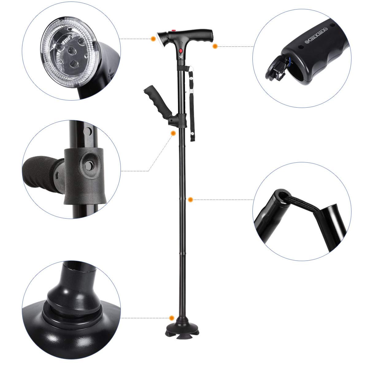 HEMOTON Bastón Plegable Telescópico con Luz Led Ajustable Y Alarma Base Antideslizante De 4 Pies Giratoria 360° Apoyabrazos para Mayor Seguridad En Movilidad