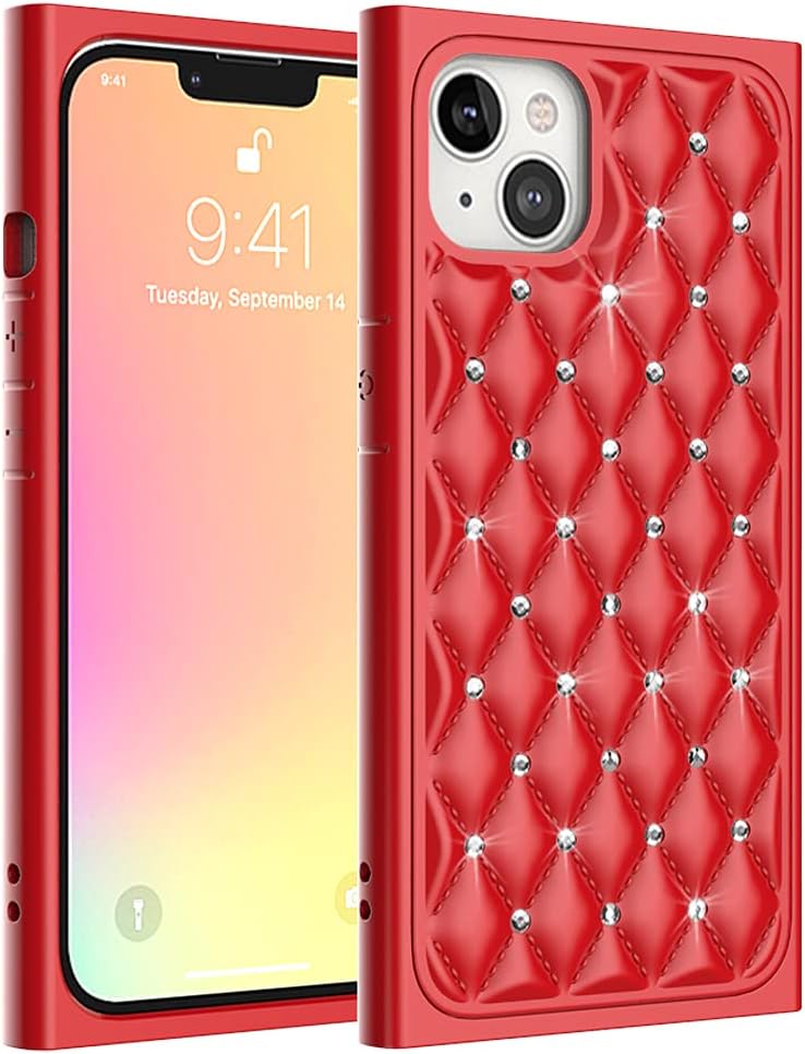 Ivachell Compatible with iPhone 13 Mini case 2021 Square Edge Bling Glitter Women Luxury Phone Cover Sparkly Girly Box Rectangle Fashion Girls Cute Stylish Pretty 5.4 inch (Red)