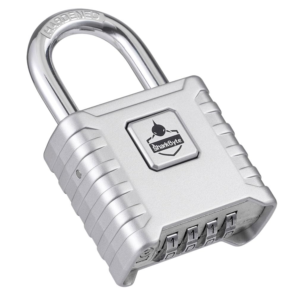 SharkByte Heavy Duty Combination Padlock [Weatherproof] 52mm 4-Digit Outdoor Lock with 8mm Stainless Steel Shackle, Anti-Rust & Resettable Code Padlock for Gate, Shed, Garage, Gym, Warehouse - Silver