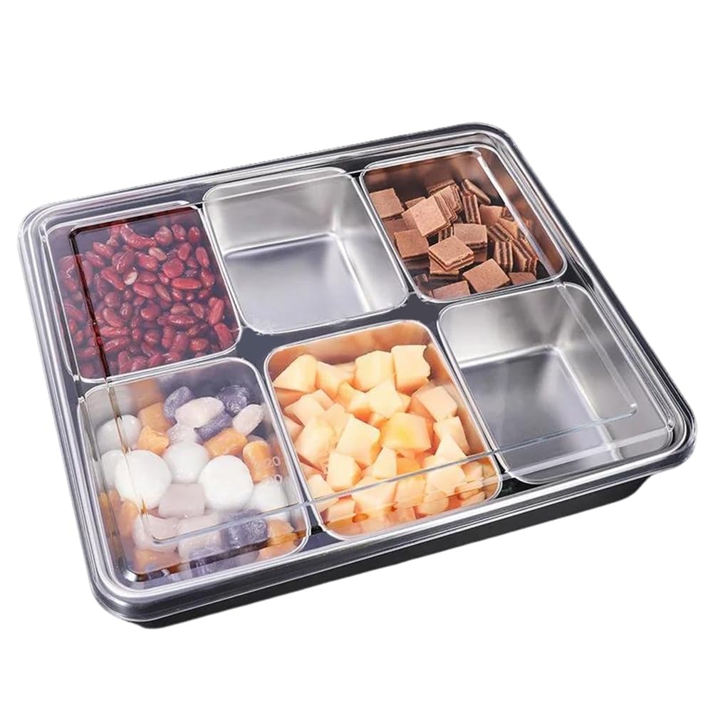 Hndhbfgrt Stainless Steel Box 6 Container Pizza Seasoning Box Ingredients Box Removable Compartment Box with 6 Removable Compartment with Spoon