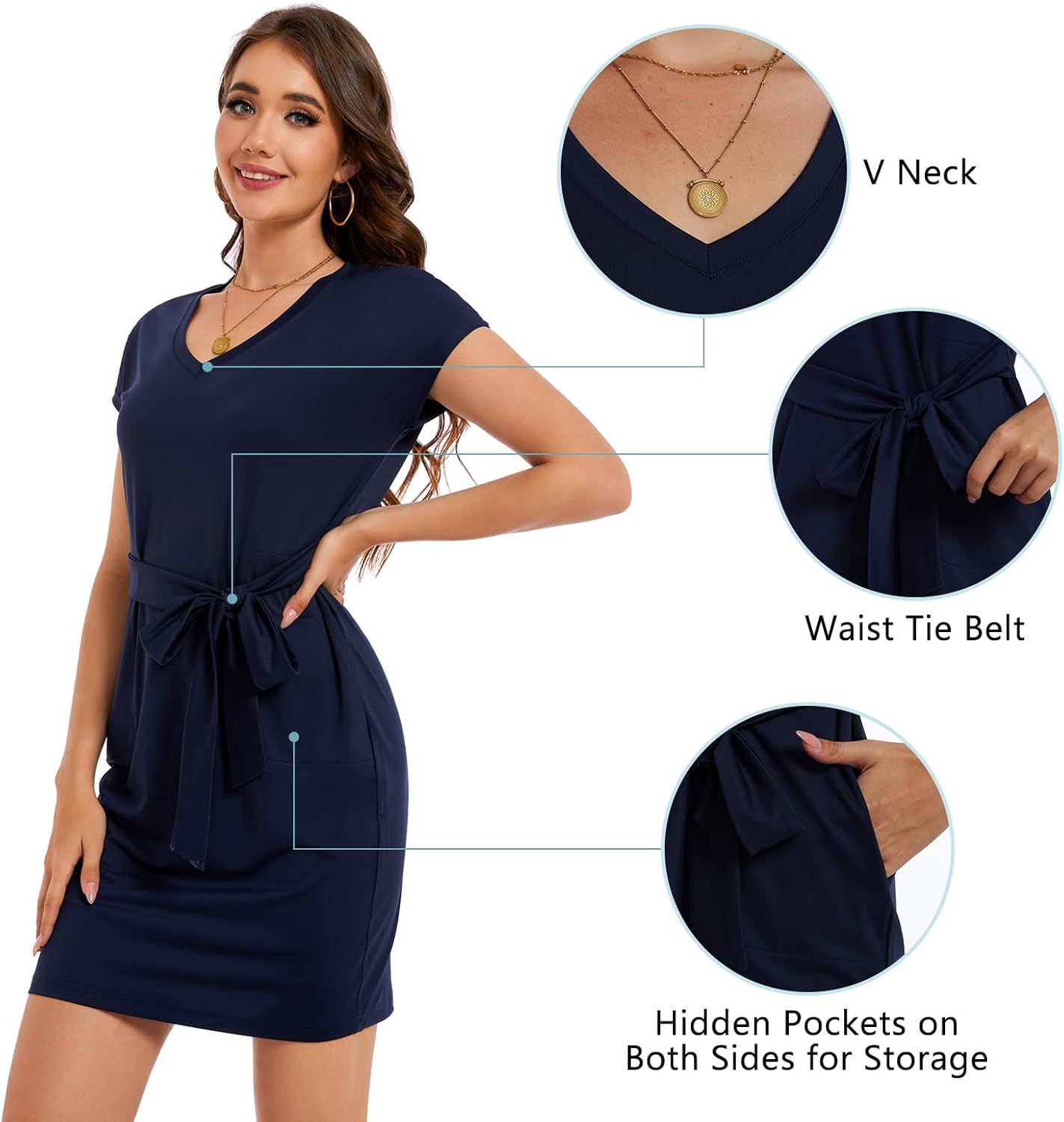 Lightbare Womens UPF 50+ Short Sleeve T Shirt Dress V Neck Summer Floral Dresses Tie Waist Casual with Pockets - Image 4