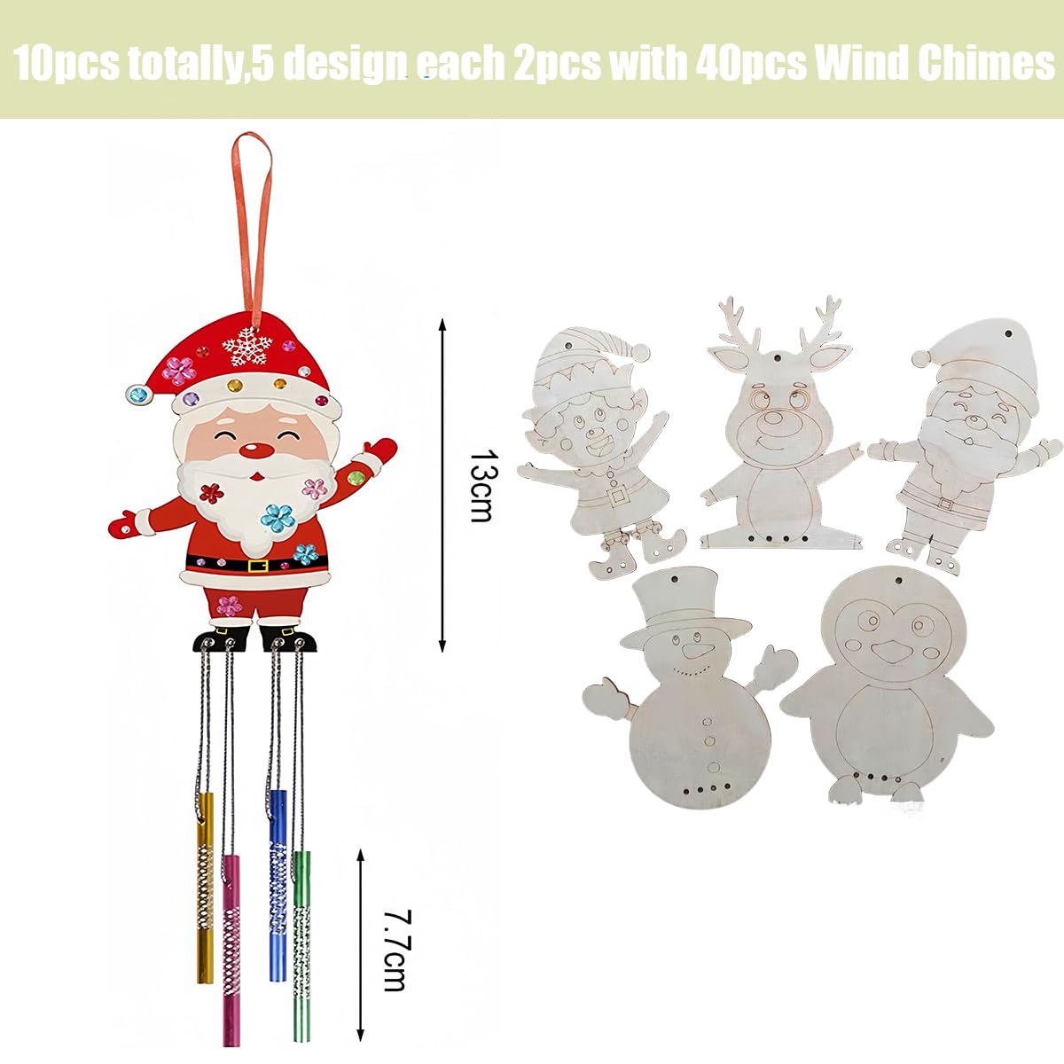 HBell Christmas Wooden Wind Chime Kits,Christmas Wooden Ornaments,Santa Claus Reindeer Snowman Penguin Elf Windchimes for Xmas Tree Hanging Decoration Kids Arts Painting DIY Crafts - Image 2