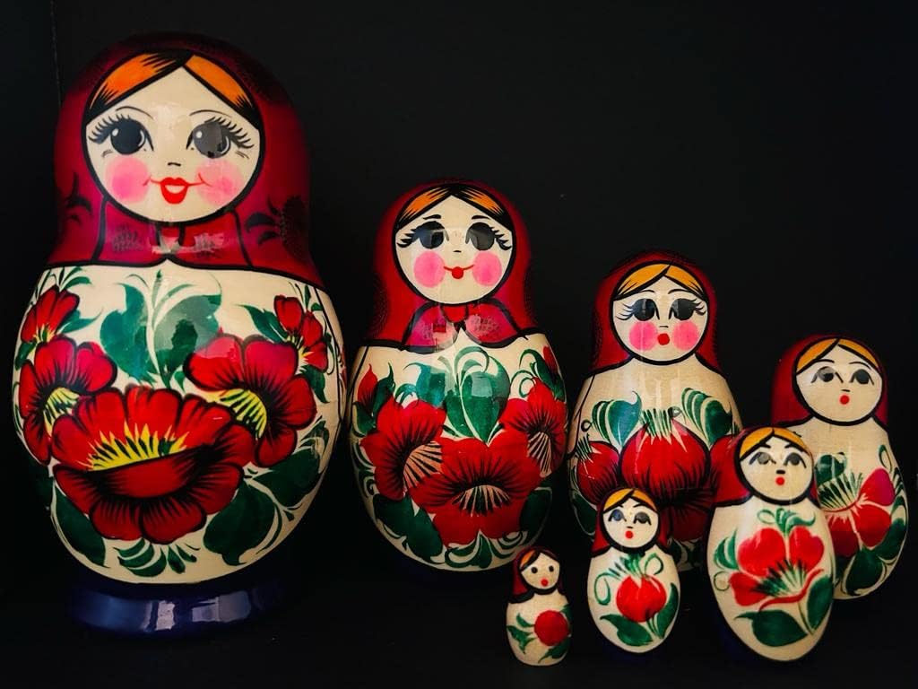 7-Piece Authentic Russian Matryoshka Nesting Dolls - Hand-Painted Traditional Design with Vibrant Colors.
