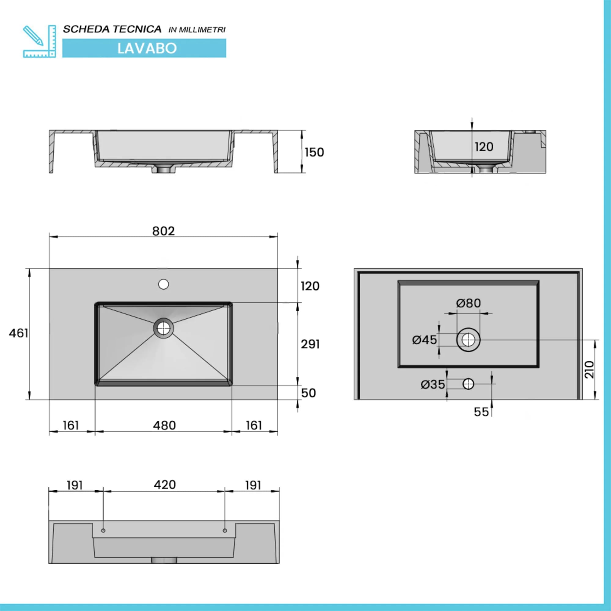Inbagno Mobile Bagno Sospeso 80 cm Rovere Africa Lavabo Resina Linea Nara