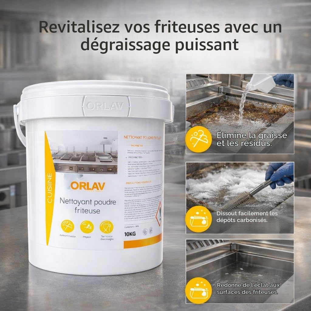 Puissant Détergent en Poudre pour Friteuse 10 kg – Orlav DPF+ – Nettoyant Cuisine Professionnelle – Élimine Graisses Incrustées et Résidus – Usage Restauration, Collectivités et Traiteurs