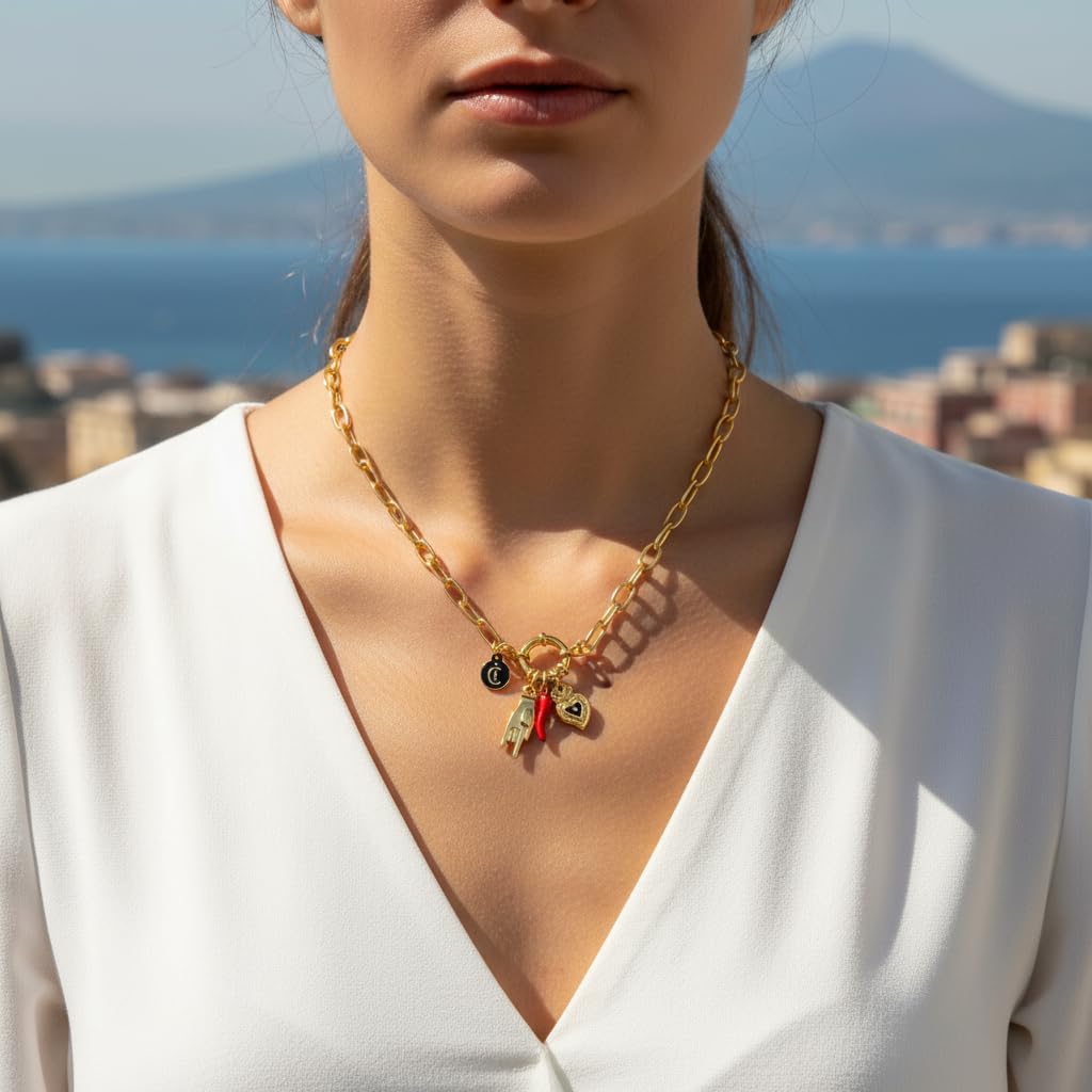 Collier Vabbe Femme Chaîne Maillon, Corne, Mano Cornuto, Cœur Sacré en acier