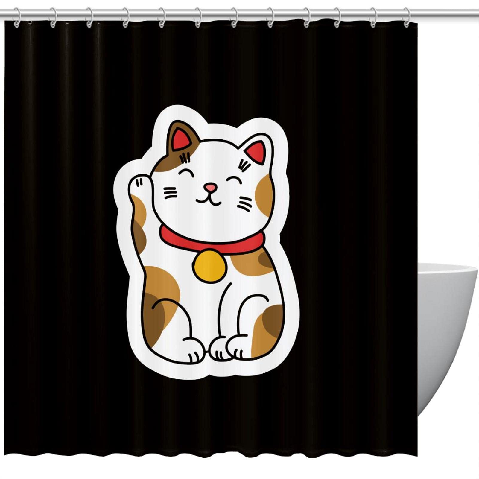 Rideau de douche chat anti-projections en tissu lavable avec anneaux