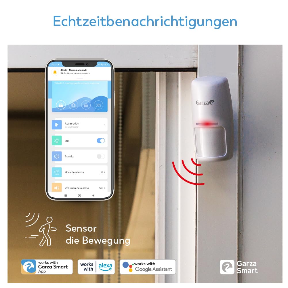Garza - Kit Alarme Wi-FI 2,4 GHz avec caméra 1080p 360°, sirène 120 DB, capteurs de Mouvement et Ouverture Porte/fenêtre, contrôle Via app et Vocal