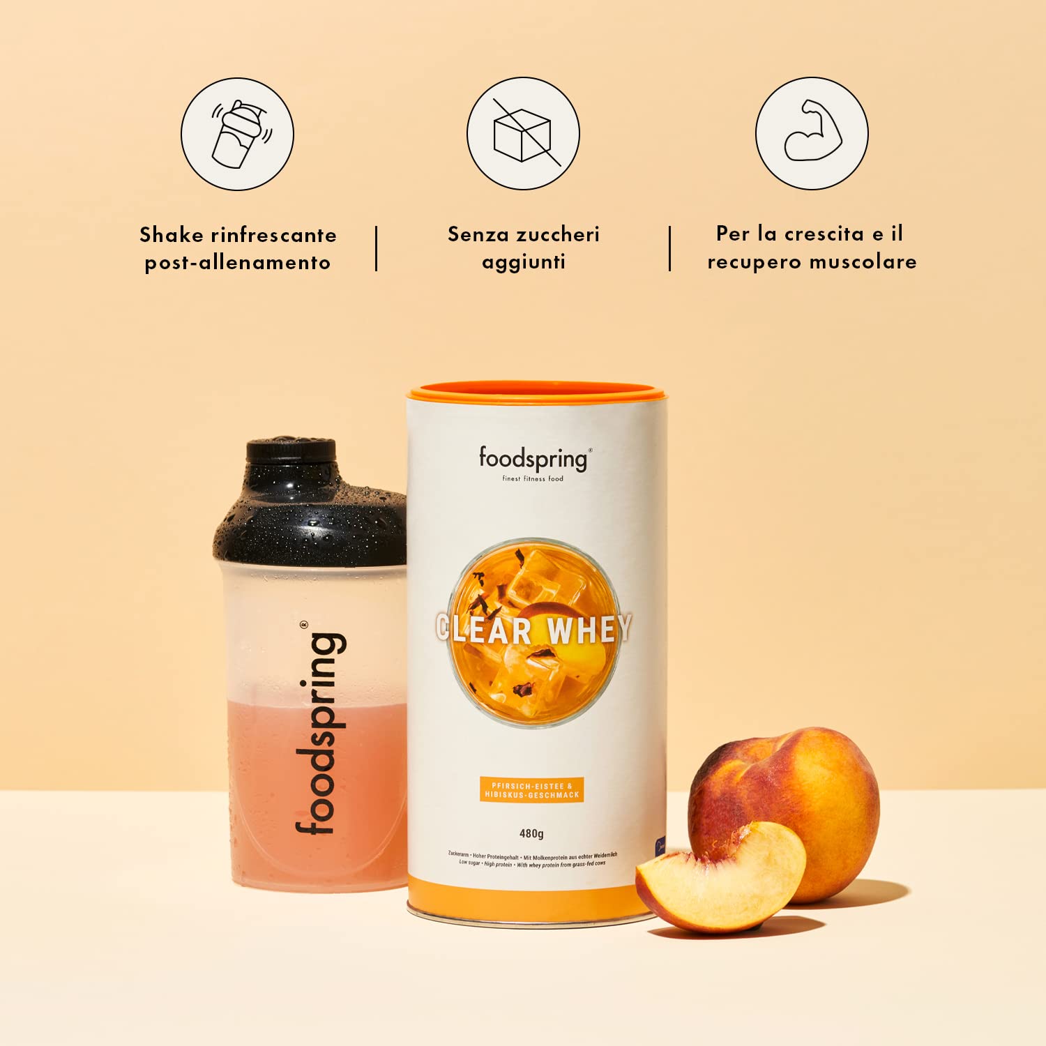 foodspring Clear Whey, Tè freddo alla pesca e ibisco, 480 g, shake proteico rinfrescante con whey isolate premium