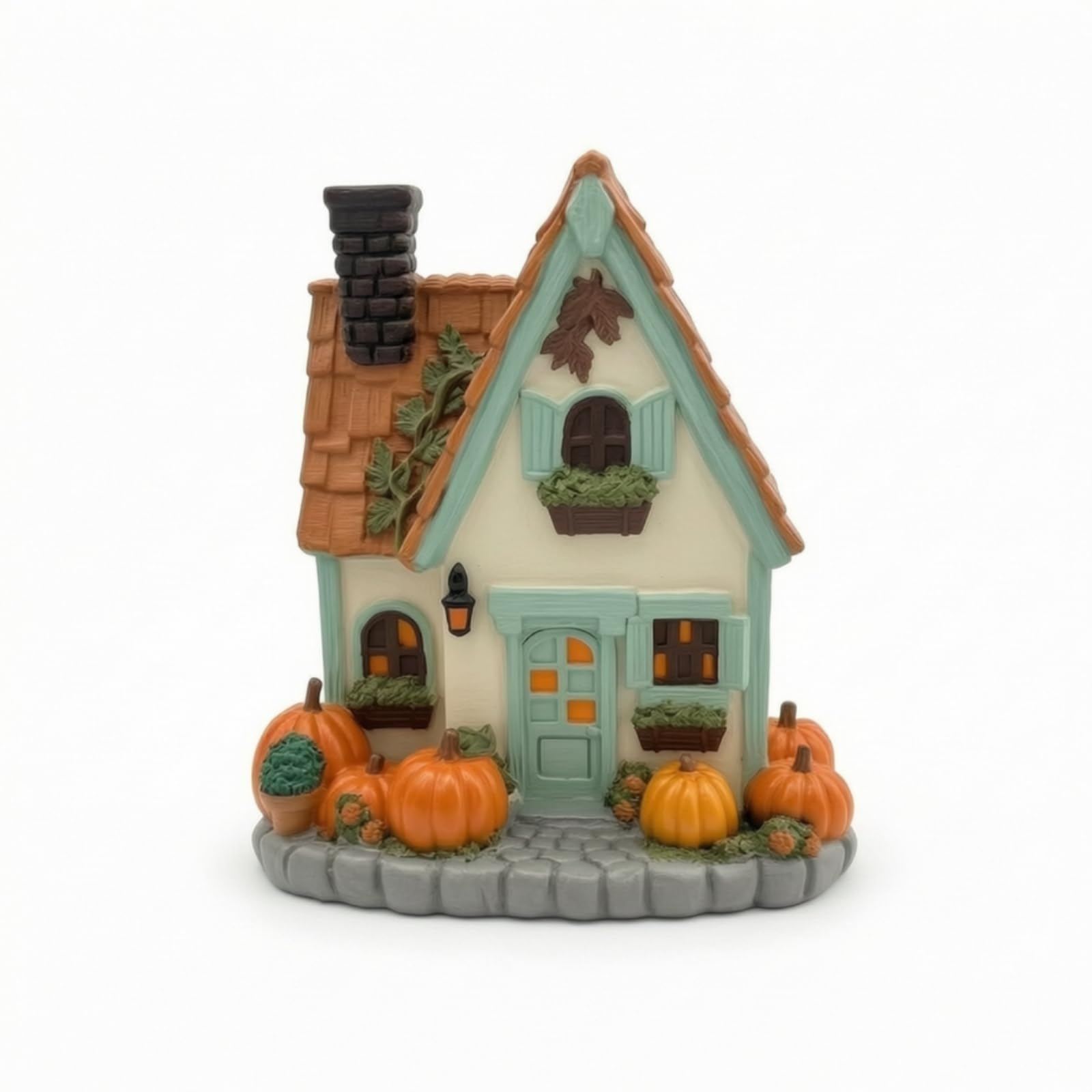 Casa en miniatura de calabaza con luz suave otoñal predolo blanca estilo cabaña para estantería