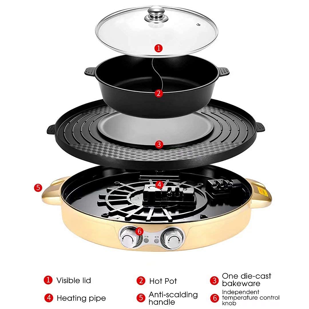 Parrilla eléctrica portátil, Parrilla eléctrica sin humo 2 en 1, Sartén antiadherente de superficie extra grande, Rango de temperatura ajustable 0 ° -1200 ° C, Uso en interiores y exteriores Double