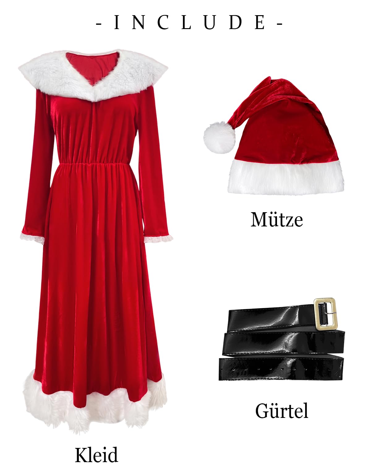 Costume de femme de Noël pour femme - Long costume en velours avec bonnet, rouge et blanc classique - Costume de Mme Claus - Robe et tenue de Noël