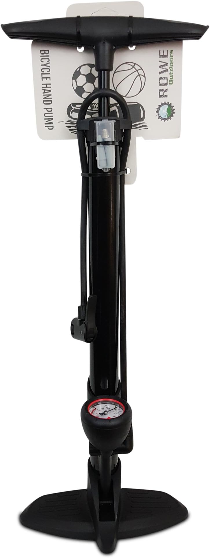 Bike Pump with Gauge and Accessory Storage - High Pressure - Extra Long Hose with Dual Schrader/Presta Head and Ball Needle and Cone Inflatable Attachments