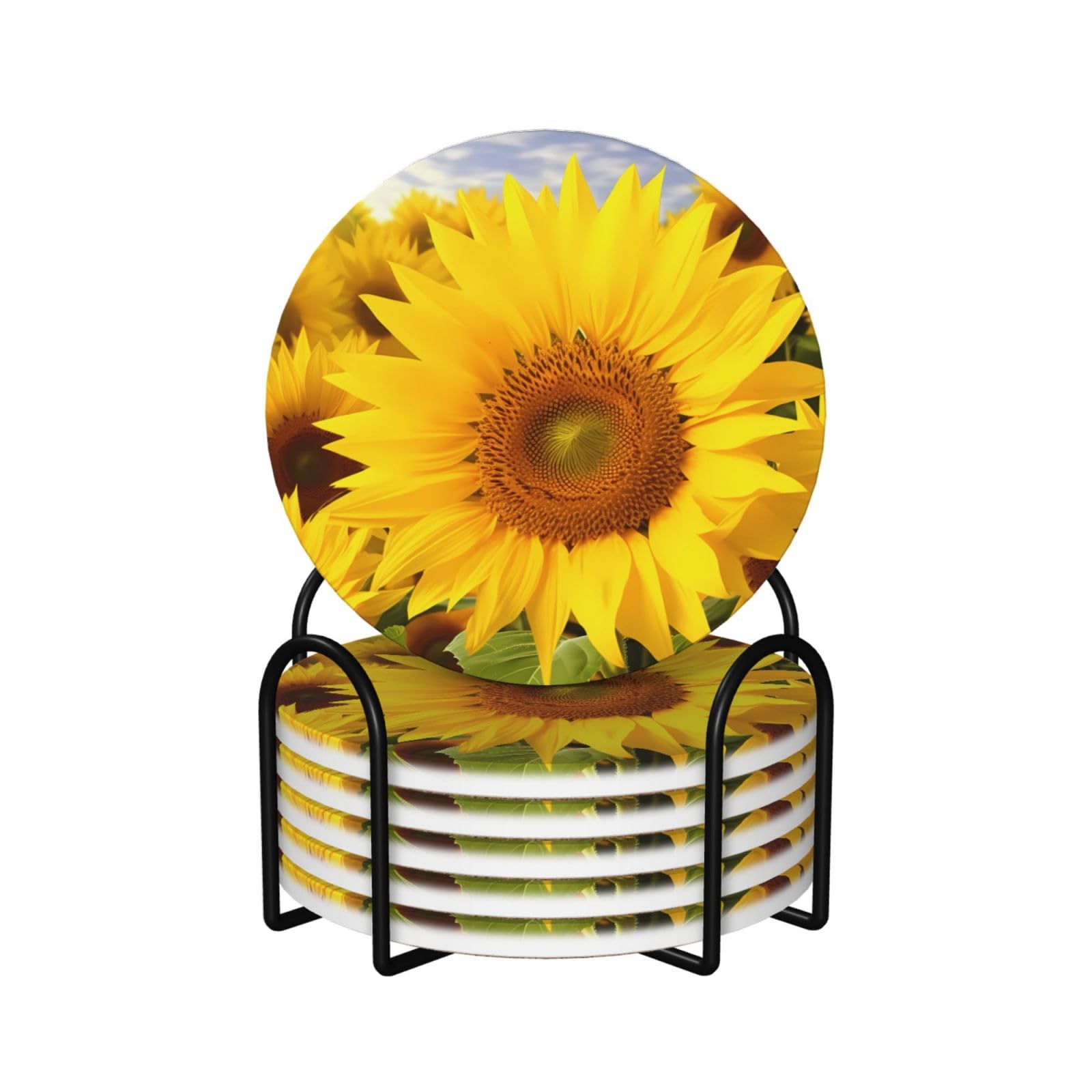 6Pcs Ceramics Coaster for Drinks, Sunflowers Cup Coasters with Holder, Aesthetic Drink Coasters for Coffee Table, Absorbent Round Coaster for Tabletop Protection 4" Cup Mat Pad