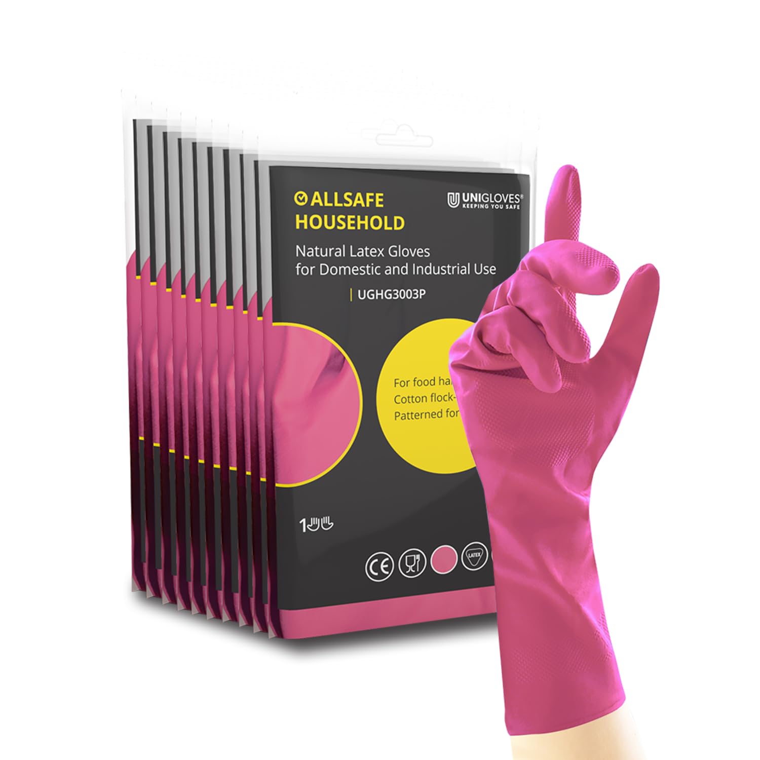UNIGLOVES Allsafe Household Pink - Latex Reusable Household Gloves for Cleaning, Washing up and Food Processing - 12 Pairs - Size M