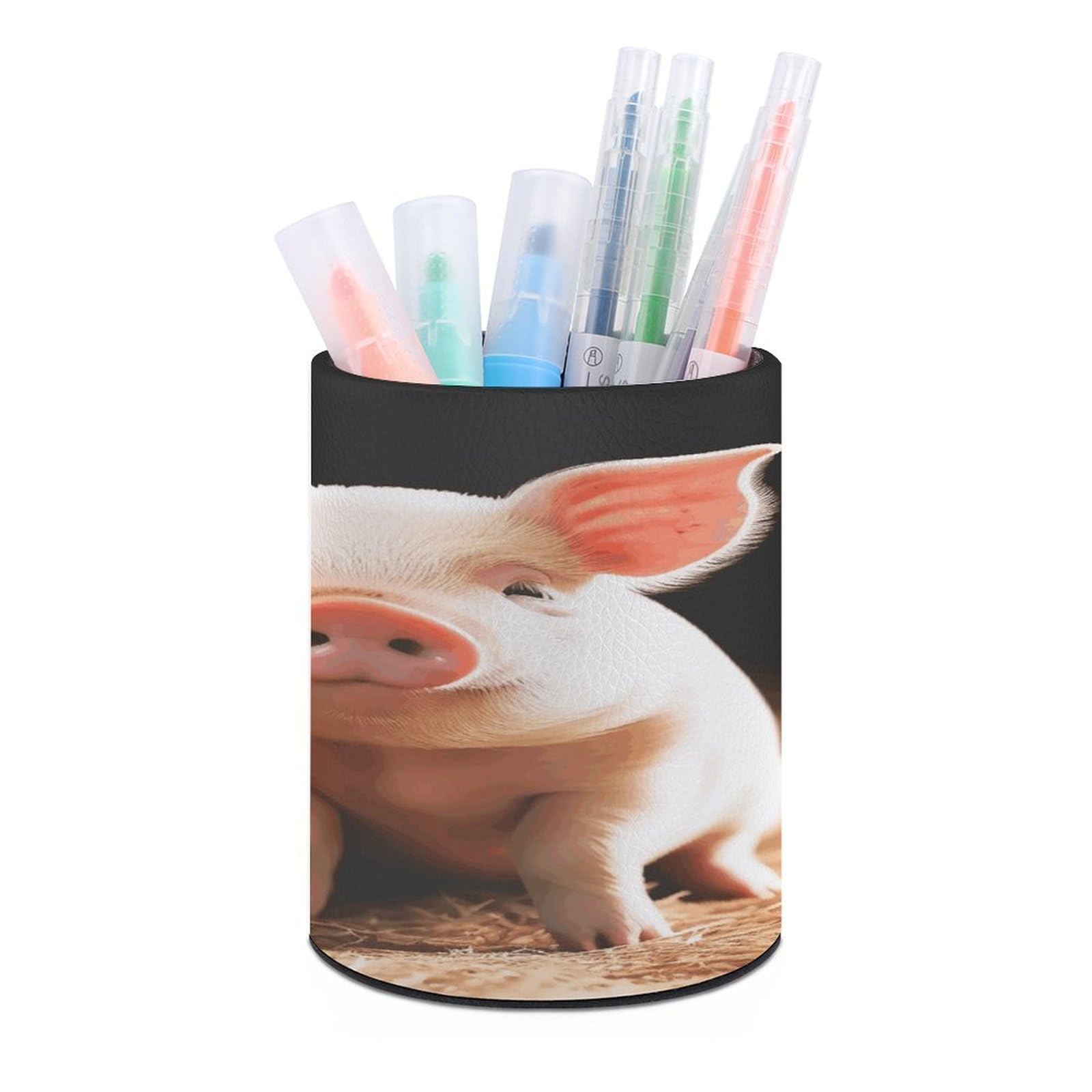 Cute Pigs Pen Holder Multi-Functional Round Pencil Holder Cute Office Decoration Pen Cups Simple Design PU Leather Paintbrush Cups for Home Office Desk