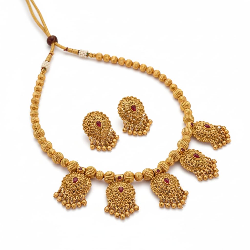 Traditional Gold-Plated Coin Choker Set | Antique 5-Vati Matt Finish Pendant Necklace with Red Stone Detailing & Matching Earrings | Maharashtrian Stylish Ethnic Jewelry for Women & Girls-image-28