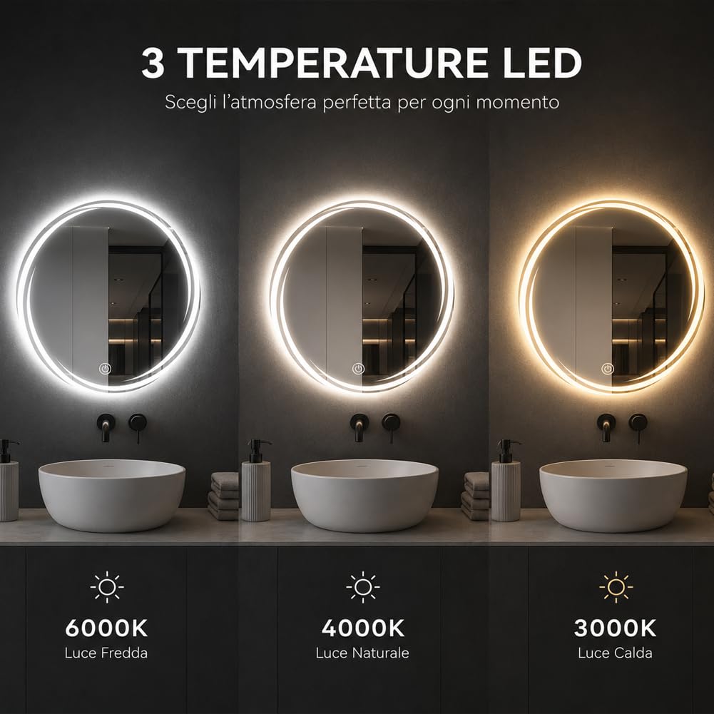 Shally Dogan Specchio Spirale da Parete con Led Dimmerabile a 3 Colori, Bianco Freddo, Caldo e Naturale, Accensione con Touch, Decorazione da Muro Design Moderno e Salvaspazio