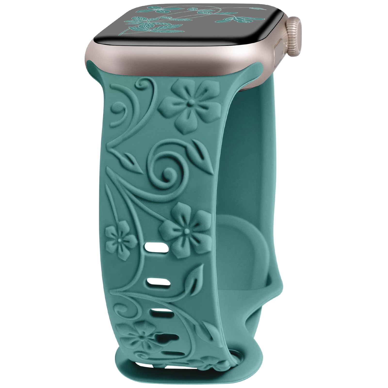 Compatible with Apple Watch Band 38/40/41/42/44/45/49mm, 3D Floral Engraved Soft Silicone Strap for Women, Cute Dressy Flower Design for iWatch Series 11/10/9/8/7/6/5/4/3/2/1, SE3/2/1, Ultra 3/2/1 Pine Green 38/40/41/42mm(Series 11/10)