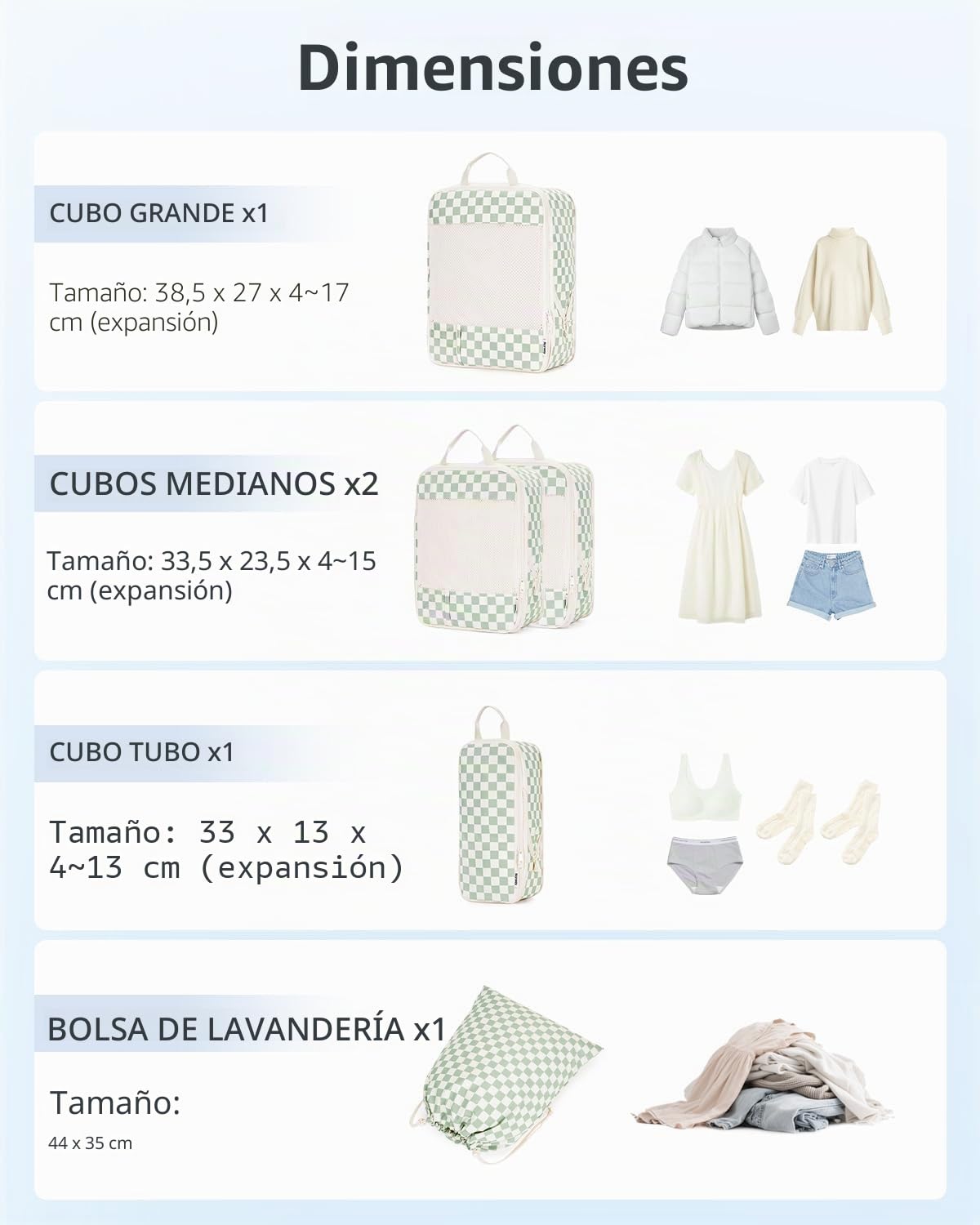 Narwey 5 Sets Compresión Organizador Maletas Bolsos, Compression Packing Cubes, Bolsas Viaje para Mochila, Equipaje de Mano y Maleta, Organizadoras Ropa Travel Essentials (cuadriculado verde menta)