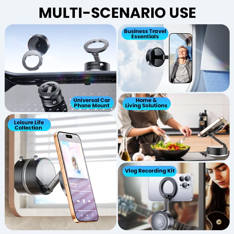 BISART Vacuum Magnetic Car Phone Holder – 360° Rotatable, Reinforced 96LBS Suction Cup Mount Compatible with MagSafe for iPhone & Android, Portable for Car, Gym & Mirror (A7-Black)