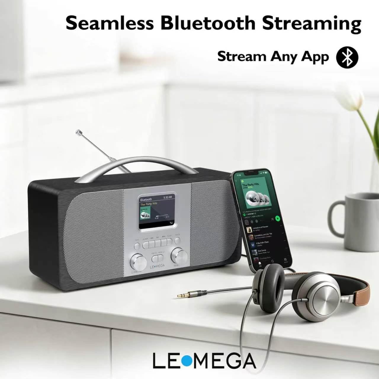 LEMEGA DR6 Radio Stereo Digitale DAB/FM,Radiosveglia con Bluetooth,Alimentazione a Batterie o Corrente,Radio DAB+ Elegante per Cucina o Camera con Struttura in Legno e Pannello Frontale in Metallo