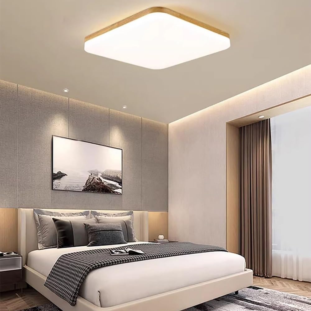 Lampy Sufitowa LED Kwadratowa Drewno Minimalistyczna Ultra Cienka, Plafon Styl Japoński Panel Oświetlenie Sufitowe do Sypialni Gabinetu(3 modes,53cm/20.86in)