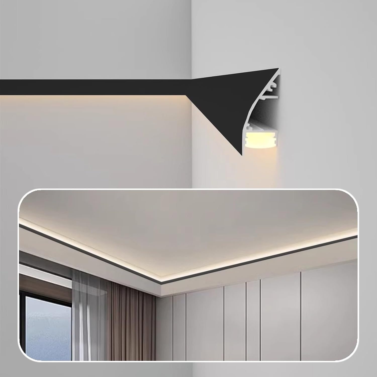 11ft LED Strip Aluminum Channel Molding - Black Ceiling Mount Skirting Board, Interior Decor Profile for Home Theater, LED Diffuser Cover Track