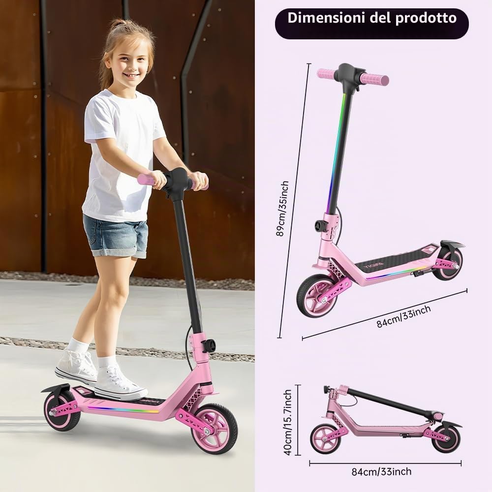 Monopattino Elettrico per Ragazzi U8 Fuoristrada - Doppia Sospensione - 16km/h Max, 10km Autonomia - Pieghevole e Leggero (6.7kg) - Motore 110W - Per Bambini 8-16 Anni (Rosa)