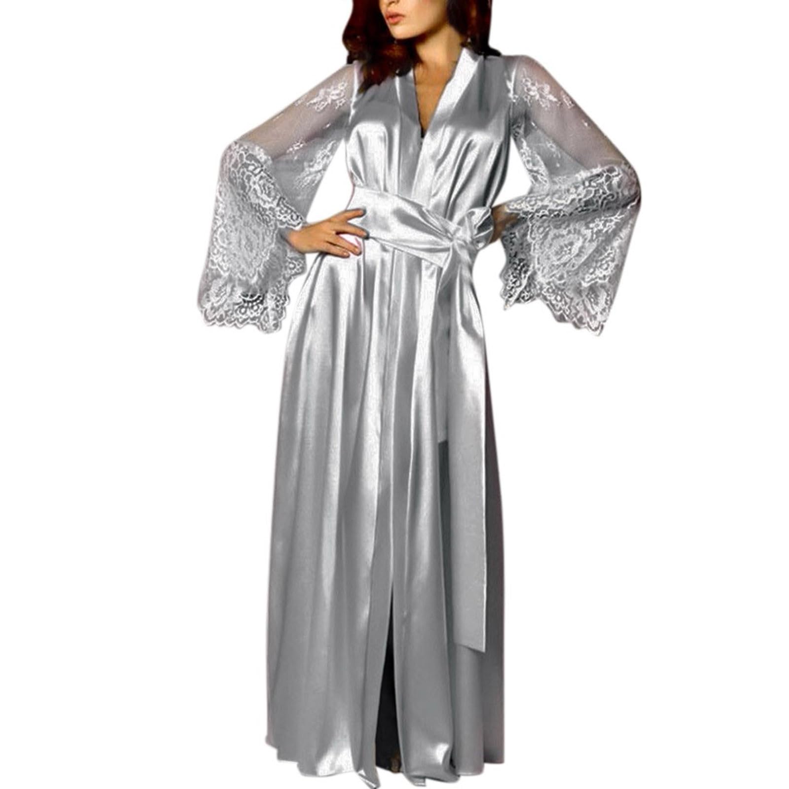Womens Satin Robes Ankle Length V Neck Lace Robes Flared Sleeve Sleepwear Solid Lightweight Breathable Nightgown